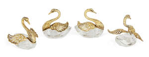 
	
		Four silver gilt mounted cut glass swan salt cellars, stamped 835, probably German,...