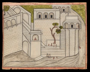 A townscape and its ghats,&nbsp;Pahari school, North India, circa 1800,&nbsp;
Opaque pigments on paper, on...