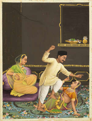 
	
		A scene of a husband quarrelling with his second wife, Bengal, late 19th-early 20th...
