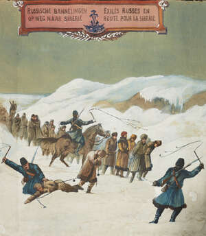 
	
		Russian School, 
		late 19th century- 
		 
		Russian dissidents being exiled to...