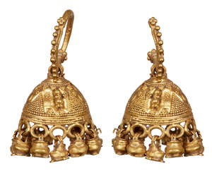 A pair of Etruscan bell-shaped gold earrings, 2nd century A.D., with filigree and wire decoration to each dome, the bottom edge of each with a series of gold e