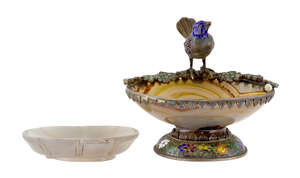 A 19th Century Austro-Hungarian silver enamel and gem mounted agate pedestal dish and a small Chinese agate bowl, the oval dish mounted with a modelled song bi