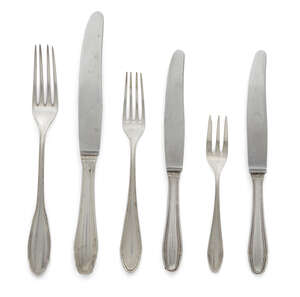
	
		A part set of German 800 silver flatware comprising: six table forks, six dessert forks,...