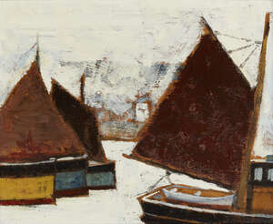 
	
		Jack Pender,
		British 1918-1998-
		 
		Fishing Boats;
		 
		oil on board, bears...