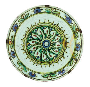 
	
		An Iznik pottery bowl, Turkey, 17th century, with wide sloping rim, decorated in...