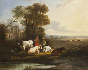 
	
		British Provincial School, 
		early-mid 19th century-
		 
		Milkmaids with cattle by a...