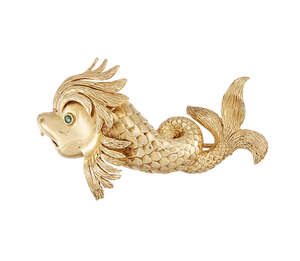 
	
		An 18ct. gold brooch, by Chaumet, designed as a heraldic style dolphin set with a...