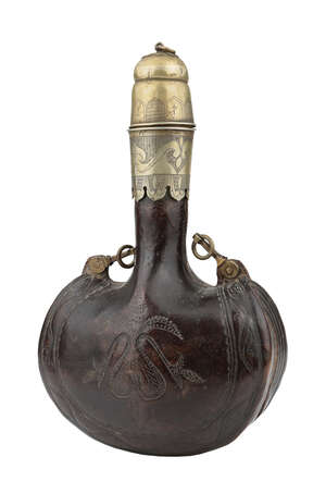 
	
		A rare large inscribed brass-mounted leather flask, North India, 19th century, of typical...