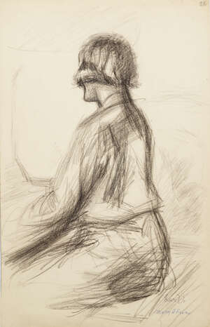 Leon Underwood,
		British 1890-1975- 
		 
		Mary at Piano; 
		 
		conte on paper, bears inscription (likely by Mary Underwood) in pen, 56x38.5cm (ARR) 