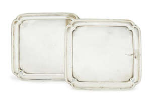
	
		A pair of George II square silver waiters, London c.1725, Edward Feline, with moulded...