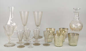 A pair of drinking goblets, 19th century, engraved with vine leaves, 17cm high, together with three facetted body drinking glasses, a pair of 19th century glas