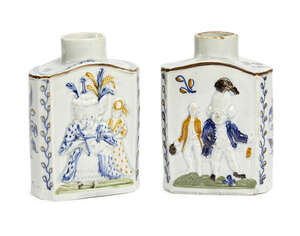 
	
		Two George III Prattware tea caddies, circa 1790, decorated in relief with "Macaroni"...