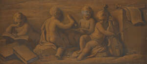Follower of Jacob de Wit, 
		Flemish c.1695-1754- 
		 
		Trompe l'oeil of putti with musical instruments and books; 
		 
		oil on canvas, 56x124cm 