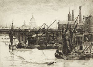 
	
		Alexander Edward Waite, 
		British 1888-1958- 
		 
		Blackfriars Bridge & Cannon...