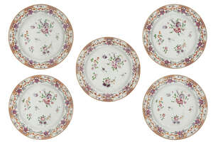 A set of five and a set of four Chinese porcelain 'Lowestoft' plates and saucer dishes, late 18th century, painted in famille rose enamels with floral 
