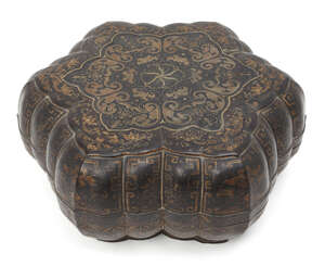 
	
		A Chinese papier mache hexafoil black lacquer box, 19th century, with lobed sides, gilt...