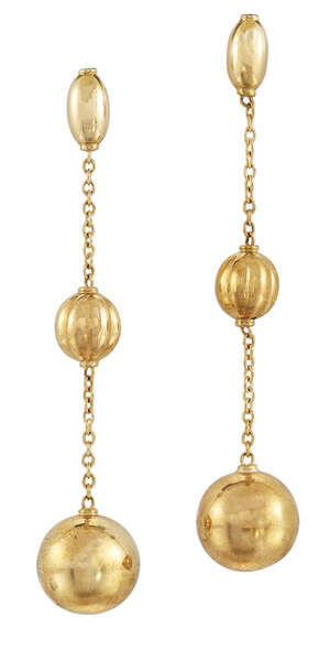 
	
		A pair of double orb drop earrings, by Bucherer, the elliptical-shaped tops suspending...