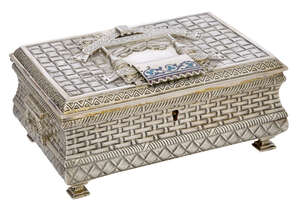
	
		A Russian silver and champlevé enamel 'izba' design box, Moscow, c.1892, Gustav Klingert,...