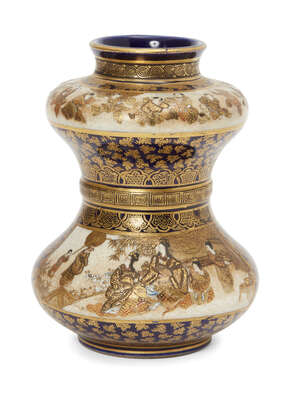 
	
		A Japanese Satsuma waisted vase by Kinkozan, Meiji period, decorated with panels of men...