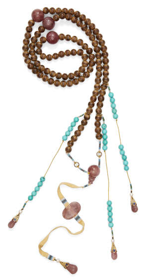 
	
		A Chinese aloeswood and rose quartz court necklace, chaozhu, 20th century, comprising...
