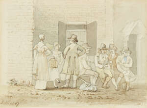 
	
		John Nixon, 
		British c.1750-1818- 
		A group of people outside an inn; 
		pencil,...