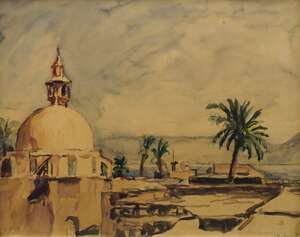 
	
		Jakob Nussbaum, German/Israeli 1873-1936- View of a domed building and palm trees;...