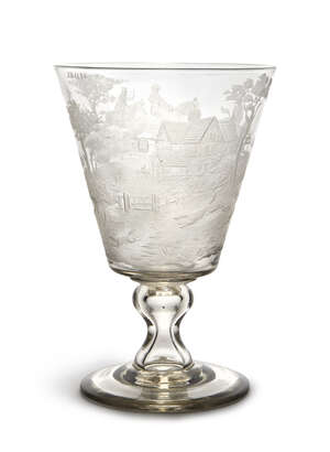 
	
		An English engraved Hunting glass goblet, 18th century, engraved with a continuous...