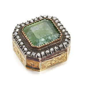 
	
		An early 20th century gold, emerald and diamond pill box, with silver and silver-gilt...