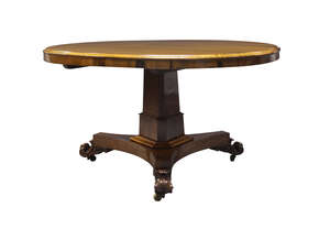 
	
		A Regency rosewood breakfast table, the circular top on tri-form column support to...
