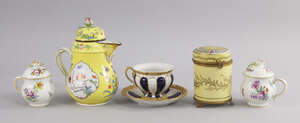 A Meissen porcelain hot water pot, 20th century, with a lid and entwined handle, decorated with Kakiemon type reserves of birds in branches, on yellow grounds 