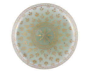 
	
		A Mughal gilt-decorated glass dish, India, 19th century, of flat circular form with...