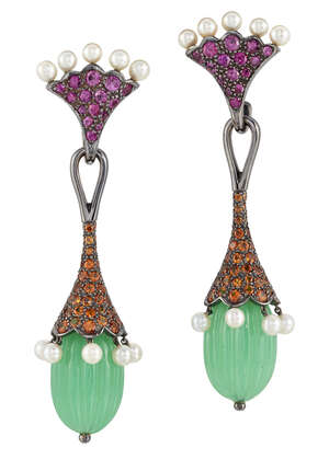 
	
		A pair of pink sapphire and cultured pearl earrings with detachable melon chrysoprase and...