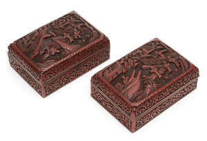 
	
		Two Chinese lacquer boxes, 20th century, deeply carved with figures in coastal village...