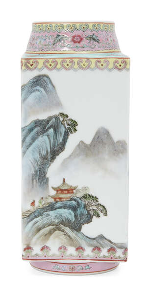 
	
		A Chinese porcelain square vase, cong, Republic period, painted in famille rose enamels...
