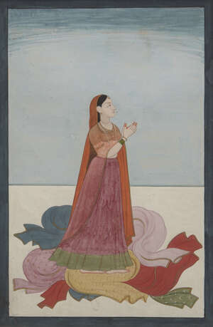 
	
		A lady dressing, Guler school, North India, circa 1810, opaque watercolor heightened with...