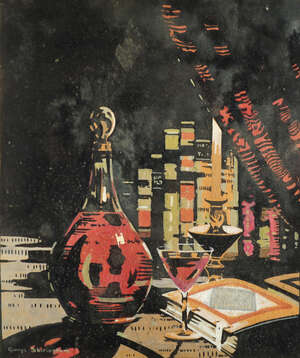 
	
		George Sheringham, British 1884-1937- Still life of claret, glass and books; screenprint...