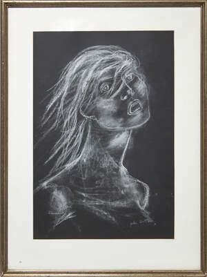 
	
		John Hutton (1906-1978)
		Wind Nymph, 1961, signed
		Chalk on black paper, mounted,...