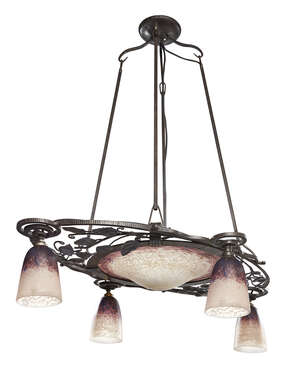 
	
		Schneider, a French Art Deco wrought-iron and glass ceiling light
		c.1930, glass signed...