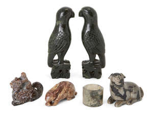 
	
		A group of six Chinese hardstone carvings, Qing Dynasty and later, comprising a pair of...