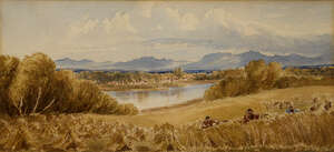 
	
		British School, 
		mid-late 19th century- 
		 
		Harvesting scene in a river valley...