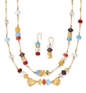 A group of gem-set jewellery, comprising: two necklaces, composed of vari-shape rose quartz,...