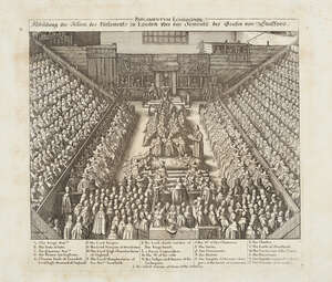 Wenceslaus Hollar, 
		Czech 1607-1677- 
		 
		Parliamentvm Londinense (Sitting of Parliament in London), 1641; 
		 
		etching on laid paper, plate 26x28
