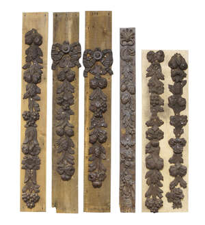 
	
		A collection of six Continental carved oak mouldings, 19th century, carved in low relief,...