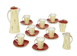 
	
		Weimar Porzellen, a porcelain Chocolate set
		c.1950, printed maker's marks, Made in...