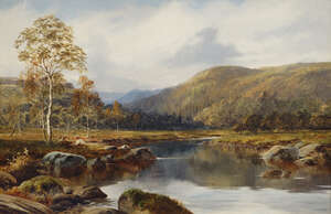 
	
		William Henry Mander, 
		British 1850-1922- 
		 
		Figures by a river in a mountainous...