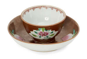 A Chinese porcelain sparrow-beak milk jug and a Batvian Ware cup and saucer, Qianlong period, each painted in famille rose enamels, the jug decorated with two 
