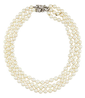 
	
		A cultured pearl and diamond necklace, the triple-row necklace (one row detached) to a...