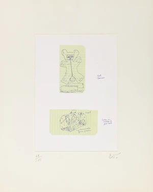 Claes Oldenburg,&nbsp;Swedish 1929-2022,&nbsp;Designs for a cat carrier;&nbsp;lithograph in colours,&nbsp;initialled...