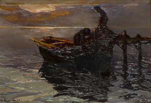 
	
		Louis Bonamici, 
		French 1880-1966- 
		Bringing in the catch, Sunset; 
		oil on...
