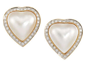 A pair of cultured pearl and diamond earclips, the heart-shaped mabe cultured pearl centres to a pave diamond surround, length 2.9cm, gross weight 18.8g